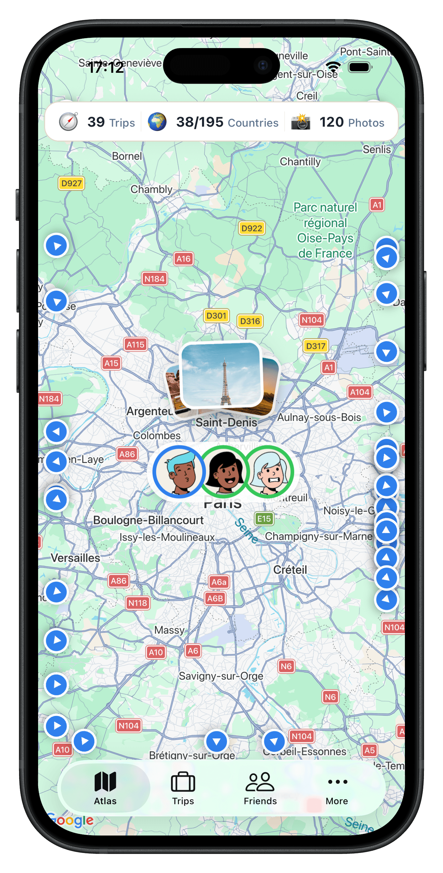 Atlasnap map zoomed in on Paris with a photo memory pinned at Saint-Denis and three friend avatars gathered around the city.