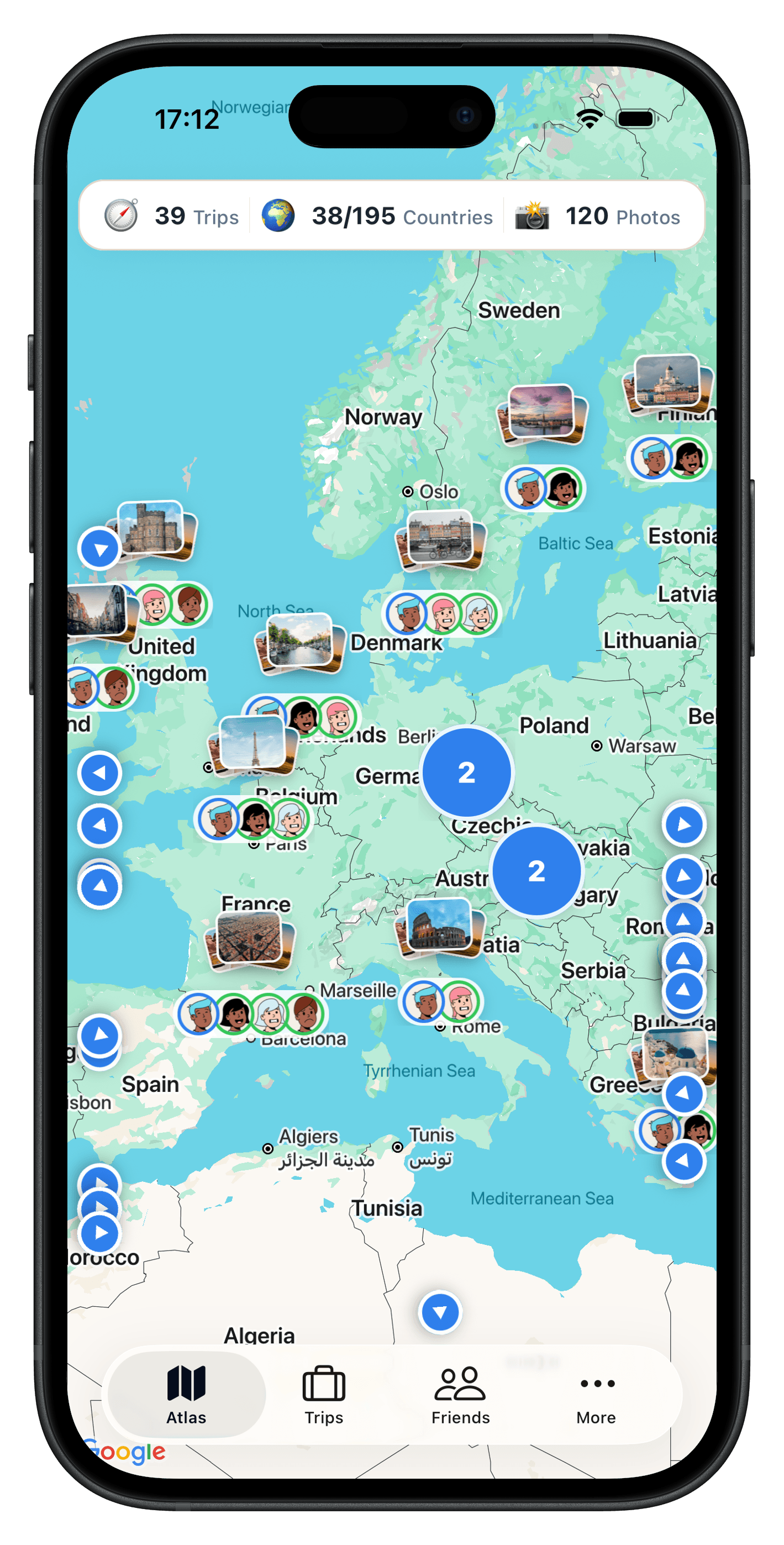 Atlasnap on iPhone — a world map of Europe pinned with friends’ photo memories, showing 39 trips across 38 of 195 countries and 120 photos.