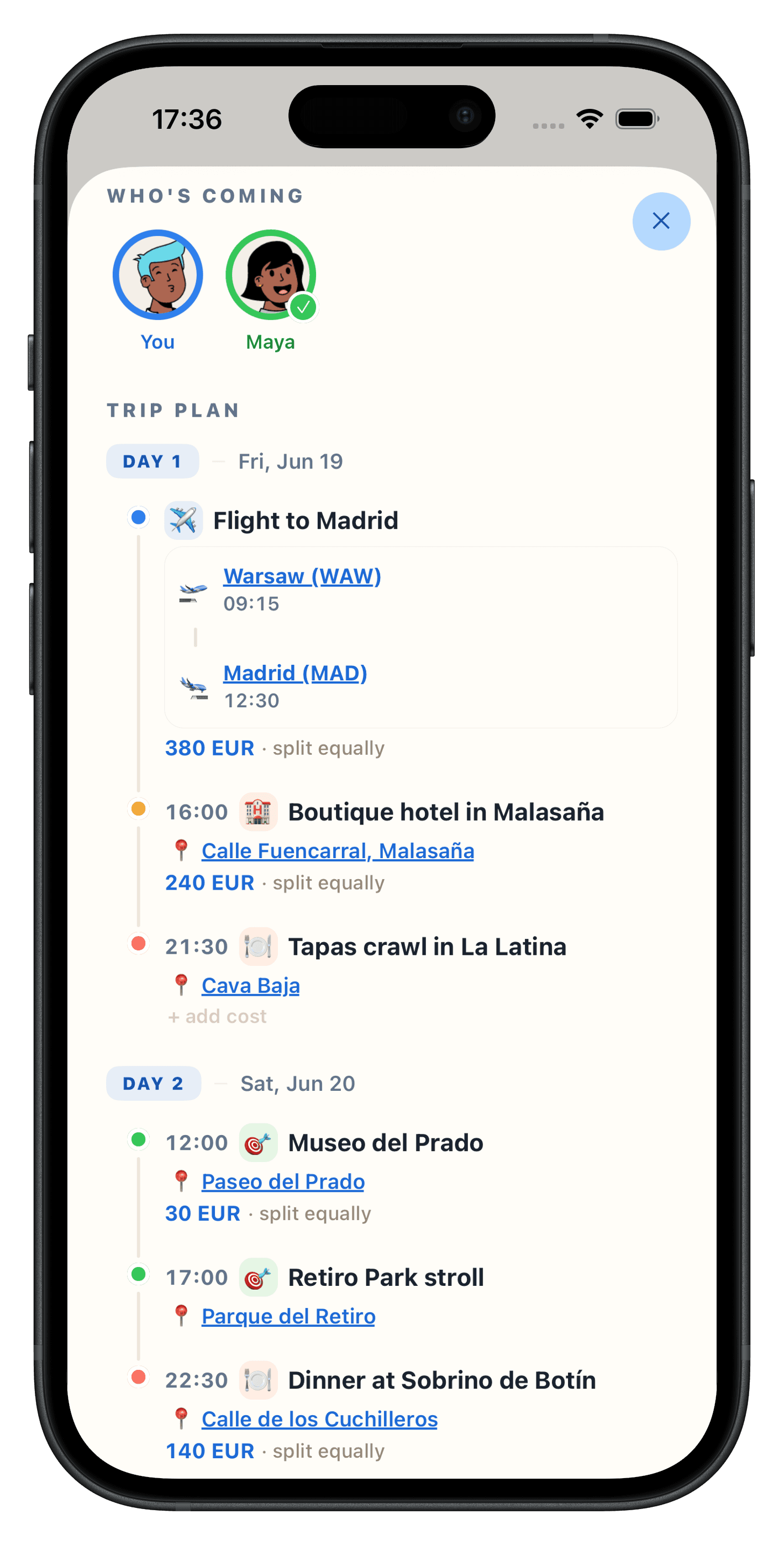 Atlasnap trip plan for a Madrid weekend: a Day 1 itinerary with a flight from Warsaw, a boutique hotel in Malasaña and a tapas crawl in La Latina, each line item split equally between two friends.