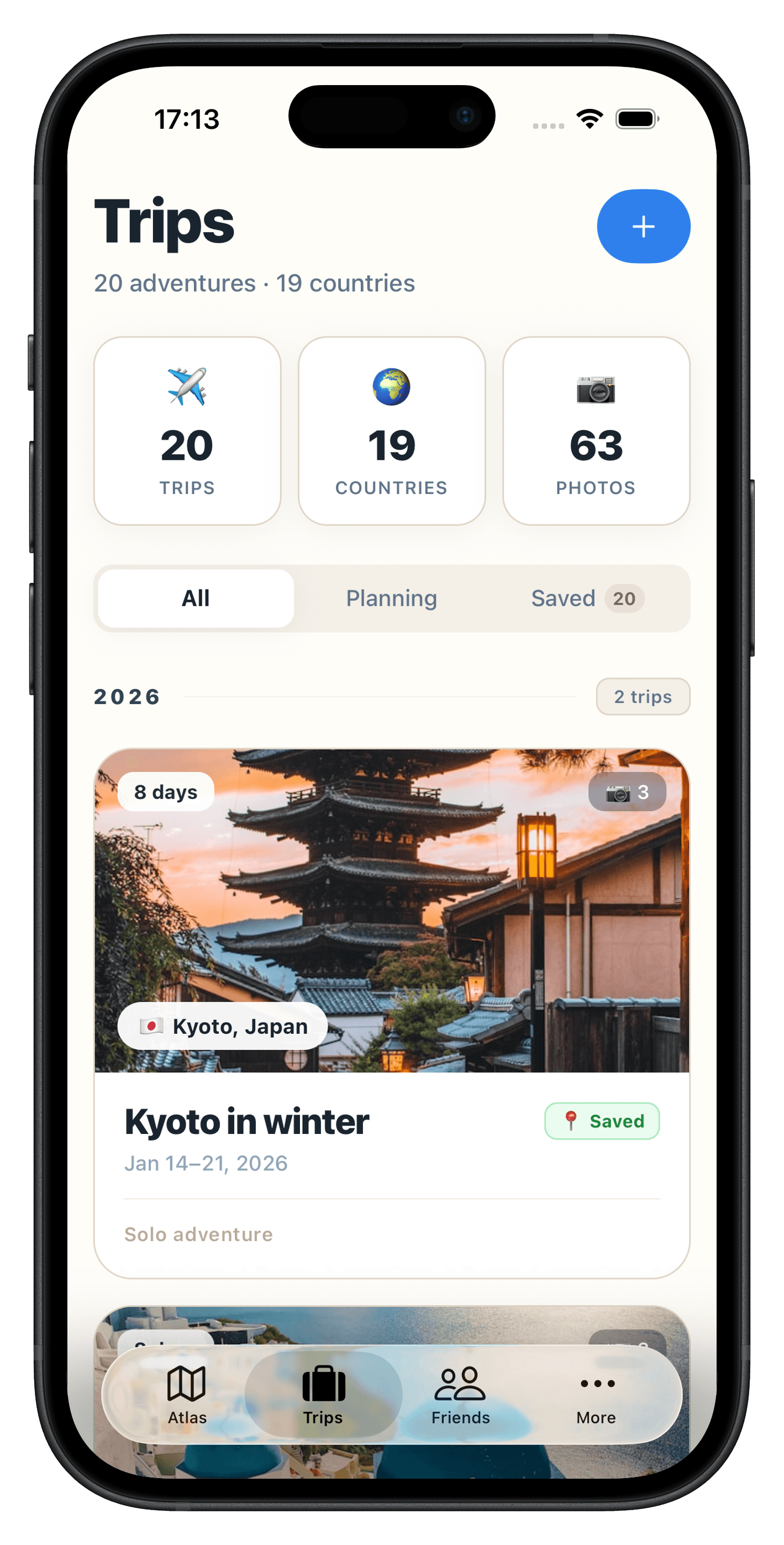 Atlasnap Trips tab summarizing 20 adventures across 19 countries and 63 photos, with a saved Kyoto in winter trip card from January 2026 at the top of the list.